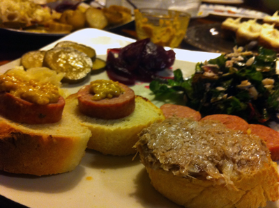 Rillettes, andouille, pickles, and kale salad at the meat party